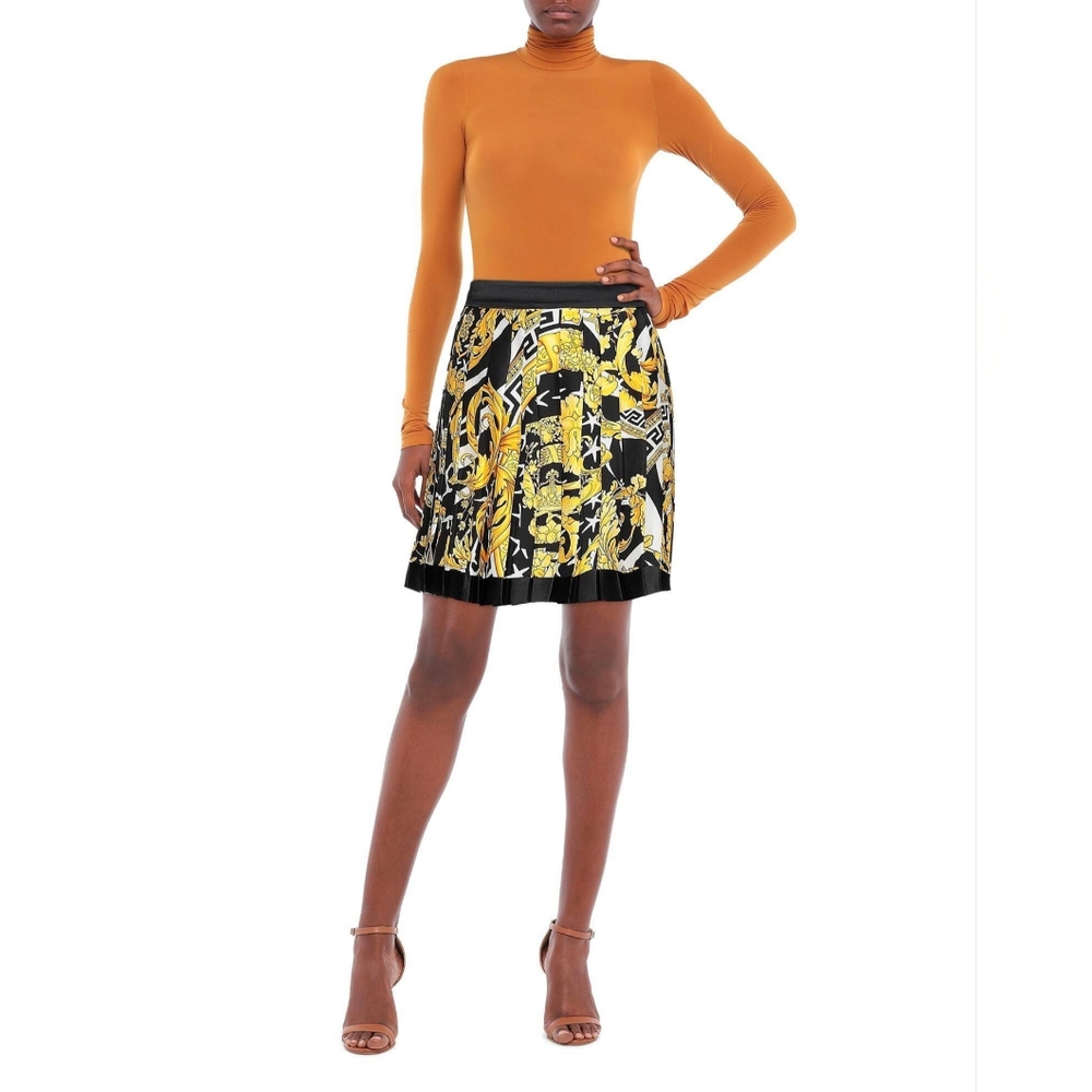 Versace Yellow and Black Iconic Baroque Print Pleated Silk Skirt
